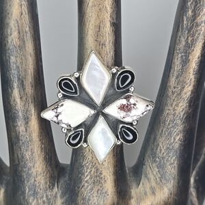 Sterling Silver Black Onyx Mother Of Pearl Wildhorse Jasper Adj. Cluster Ring